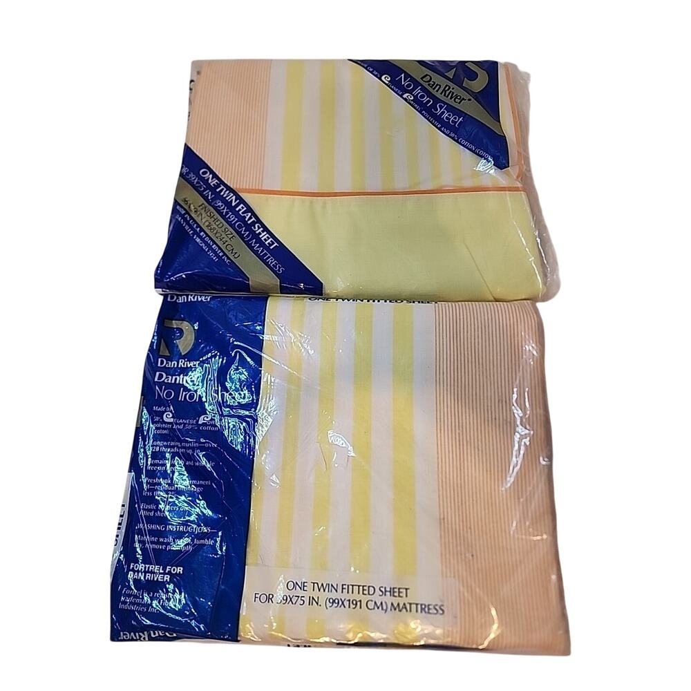 Vintage Dan River Dantrel Twin Flat Fitted Sheets Yellow Orange Striped No Iron